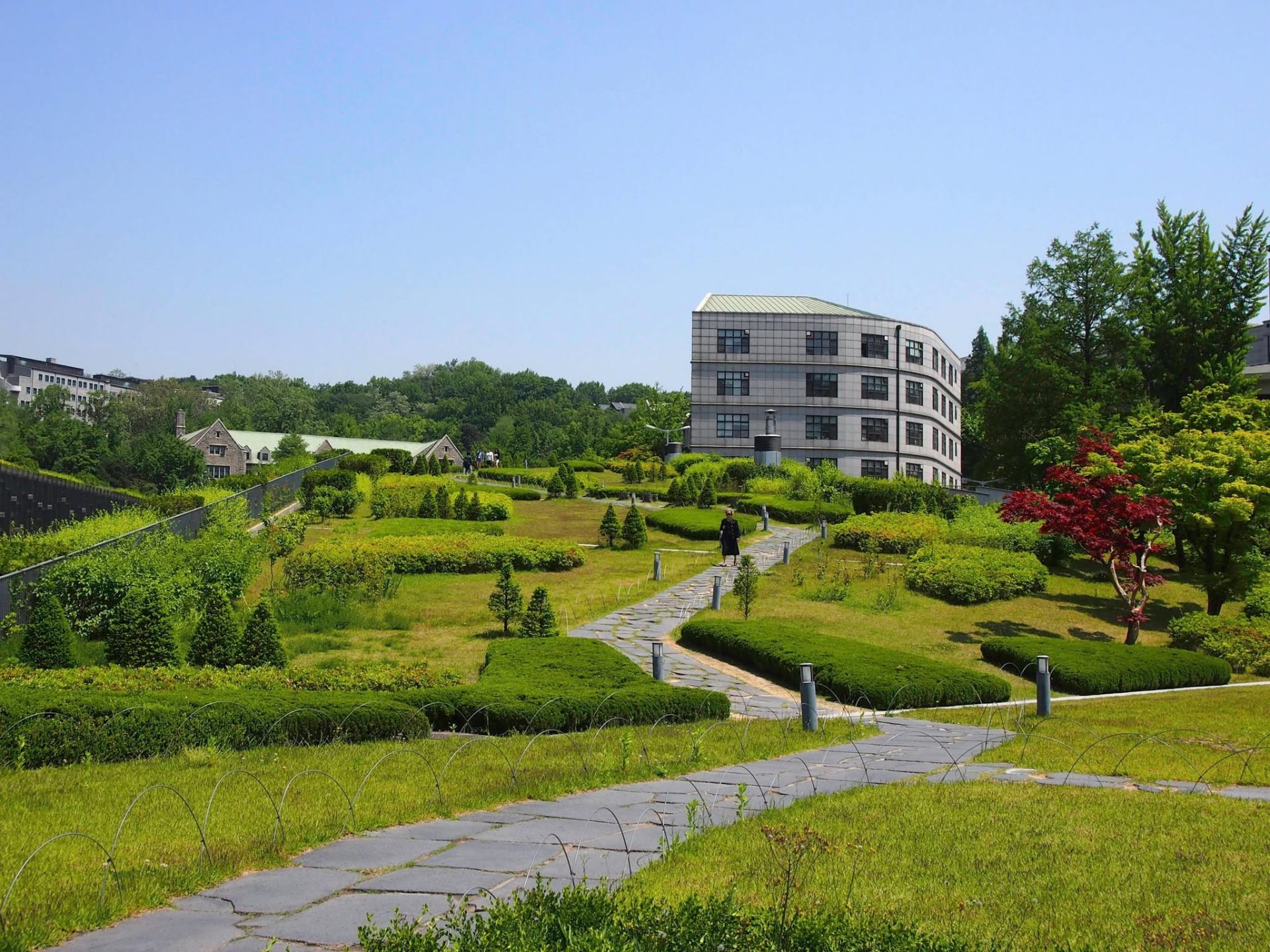 Meticulously maintained landscape garden with manicured shrubs and pathways